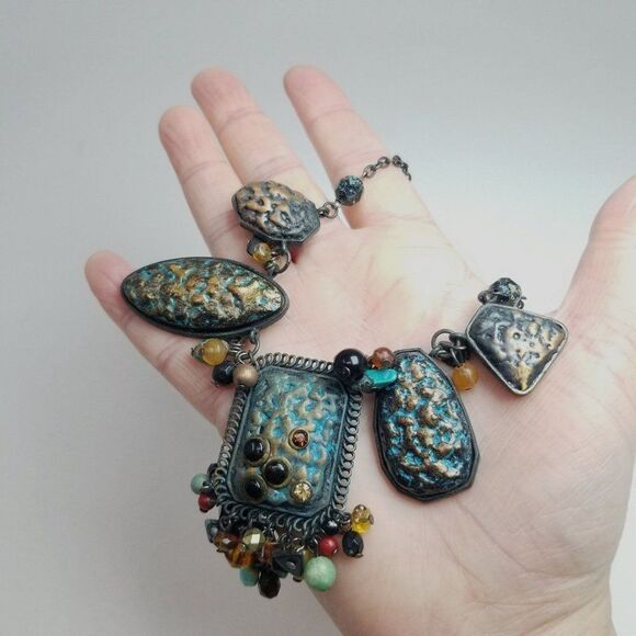 Vintage Chunky Boho Black and Blue Collar Necklace, Beaded Fringe, Bold - Picture 2 of 4